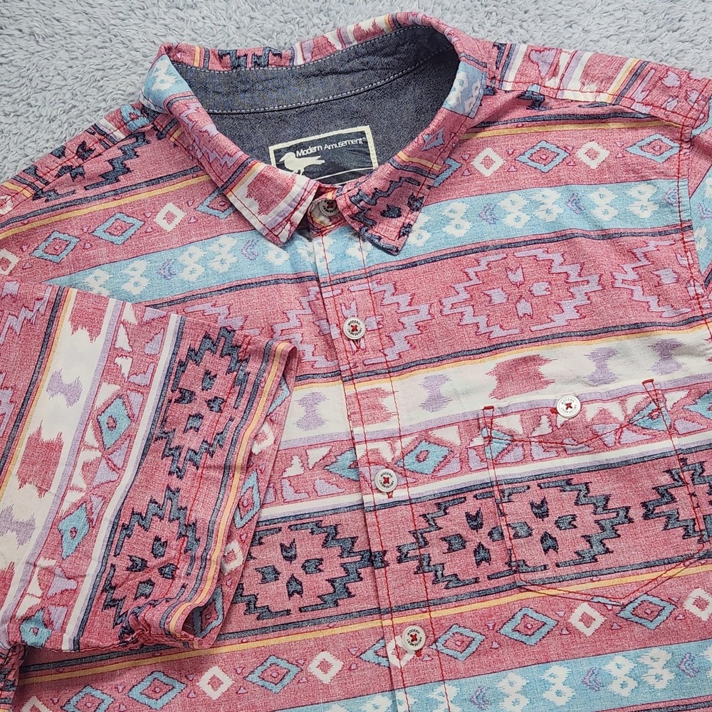 Modern Amusement Shirt Mens Large Multicolor Southwestern Aztec S/S Button Up